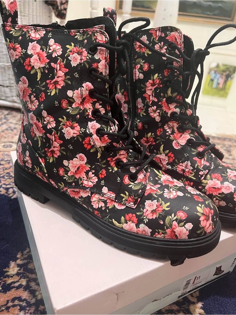 Floral Lace-Up Combat Boots - Black with Pink Floral